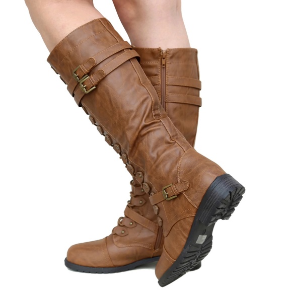 New Tan Combat Military Lace Up Knee High Boots - Picture 3 of 3